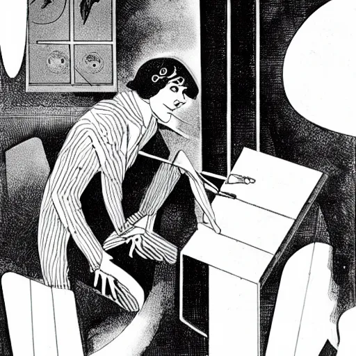 Image similar to the somnambulist from the cabinet of dr. caligari playing a large moog modular synthesizer, handsome portrait style of aubrey beardsley