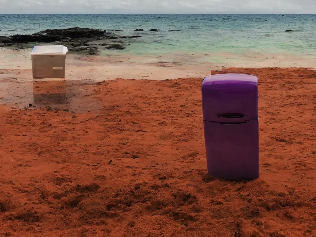 Image similar to purple refrigerator, red sand beach, green ocean, nebula sunset