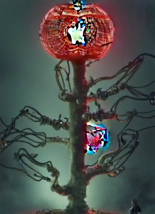 Image similar to intricate mechanical translucent apple with visible gears and components inside, growing off a tree, on the background of a weird magical mechanical forest. Very detailed 8k. Fantasy cyberpunk horror. Sharp. Cinematic post-processing