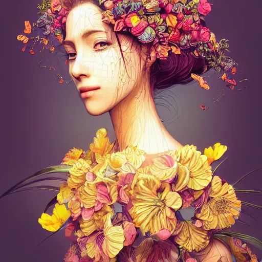 Image similar to the portrait of an absurdly beautiful, graceful, elegant young woman made of bananas and petals, an ultrafine detailed illustration by kim jung gi, irakli nadar, intricate linework, bright colors, octopath traveler, final fantasy, angular, unreal engine 5 highly rendered, global illumination, radiant light, detailed and intricate environment