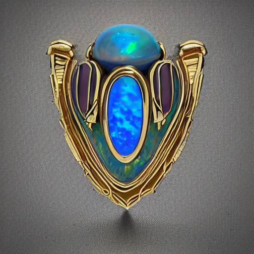 Prompt: jewelry engraved in scarab, beetle, opal diamond, art noveau, art deco, 8k , artstation, render, elegant, album art, artistic, billelis, decorative art