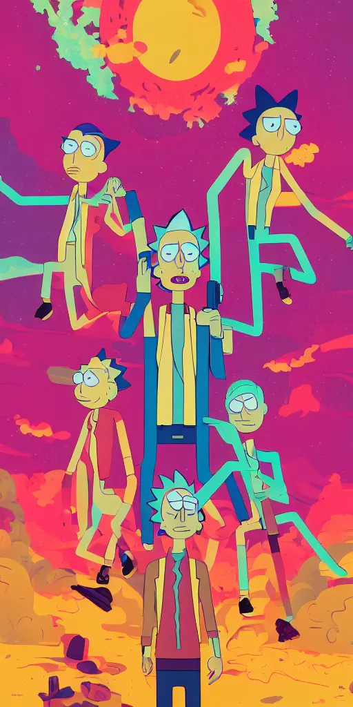 Prompt: cursed multicolored rick and morty, tom whalen, james gilleard, liam brazier, tristan eaton