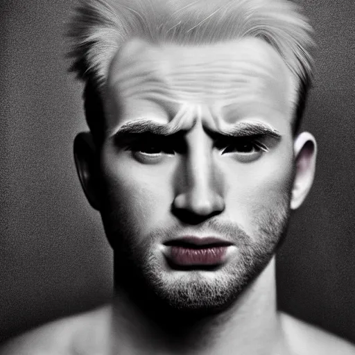 Image similar to realistic expired kodak film portrait of albino chris evans, hyperrealism, photorealistic, detailed, atmospheric, 8 k, award winning photography, cinematic