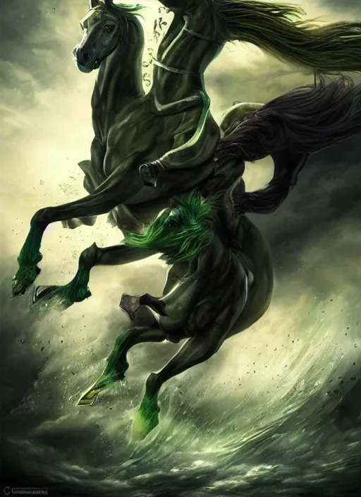 Prompt: the singular horseman of the apocalypse is riding a strong fierce ferocious rabid undead green stallion, horse is up on its hind legs, the strong male rider is death with a scithe, beautiful artwork by artgerm and rutkowski, breathtaking, beautifully lit, dramatic