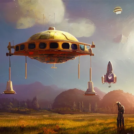 Prompt: painting of artlilery spaceship with ornate metal work lands in country landscape, filigree ornaments, volumetric lights, norm rockwell, simon stalenhag