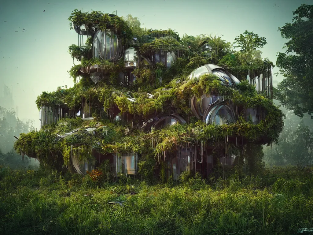 Image similar to beautiful organic house made from junk scrap parts, in an overgrown area, architectural render, futuresynth, chillwave, vegetal architecture, blender, sunrise, (((mist))), trending on artstation, by gal barkin