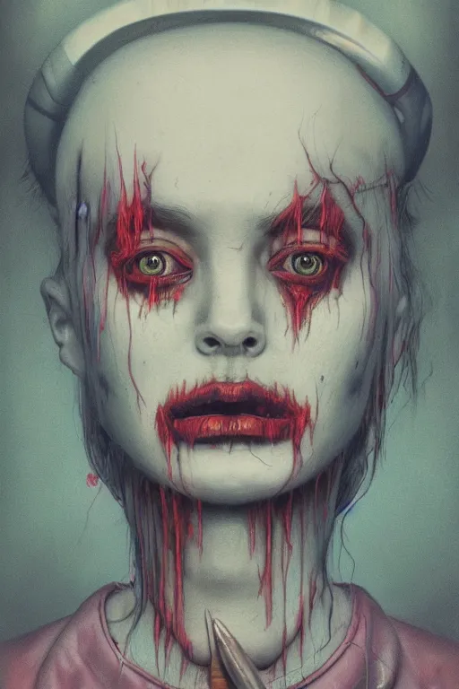 Image similar to crayon cartoon grunge portrait of a creepy horror nurse girl . intricate artwork. nightmare fuel. terrifying. by zdzisław Beksiński, wlop, dan mumford , trending on artstation, greg rutkowski very coherent symmetrical artwork. cinematic, hyper realism, high detail, octane render, 8k