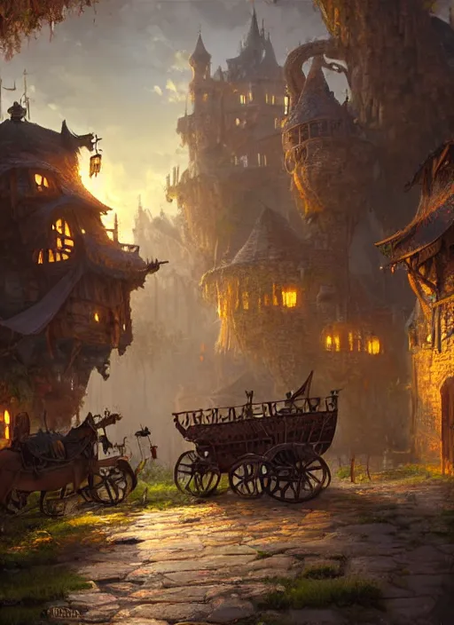 Image similar to wagons pulled by an ox at the robust fantasy castle courtyard, calming, uplifting mood, ultra realistic, funny, small buildings, highly detailed, epic lighting, illuminated, cinematic, morning, art by eddie mendoza
