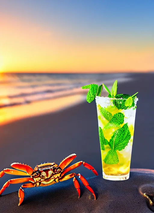 Image similar to photo of a crab drinking a mojito at the beach, golden hour, Breathtaking, 8k resolution, extremely detailed, beautiful, establishing shot, artistic