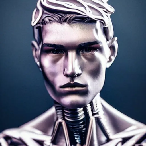 Image similar to “a realistic detailed photo of a guy who is an attractive humanoid who is half robot and half humanoid, who is a male android, twitch streamer and youtuber Ludwig Ahgren, shiny skin, posing like a statue, blank stare”