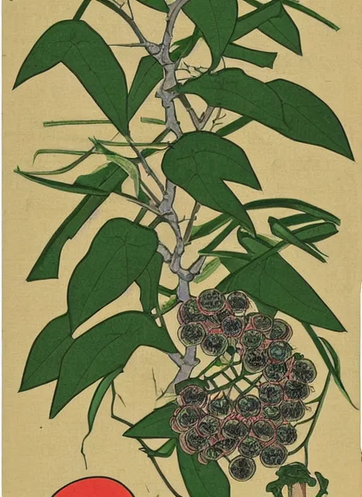 Prompt: botanical illustration of a green plant with eyeballs instead of flowers, Ukiyo-e