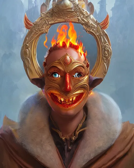 Prompt: happy mask salesman from zelda, full body photo, flames everywhere, highly detailed, digital painting, artstation, concept art, smooth, sharp focus, illustration, art by artgerm and greg rutkowski and alphonse mucha and wlop