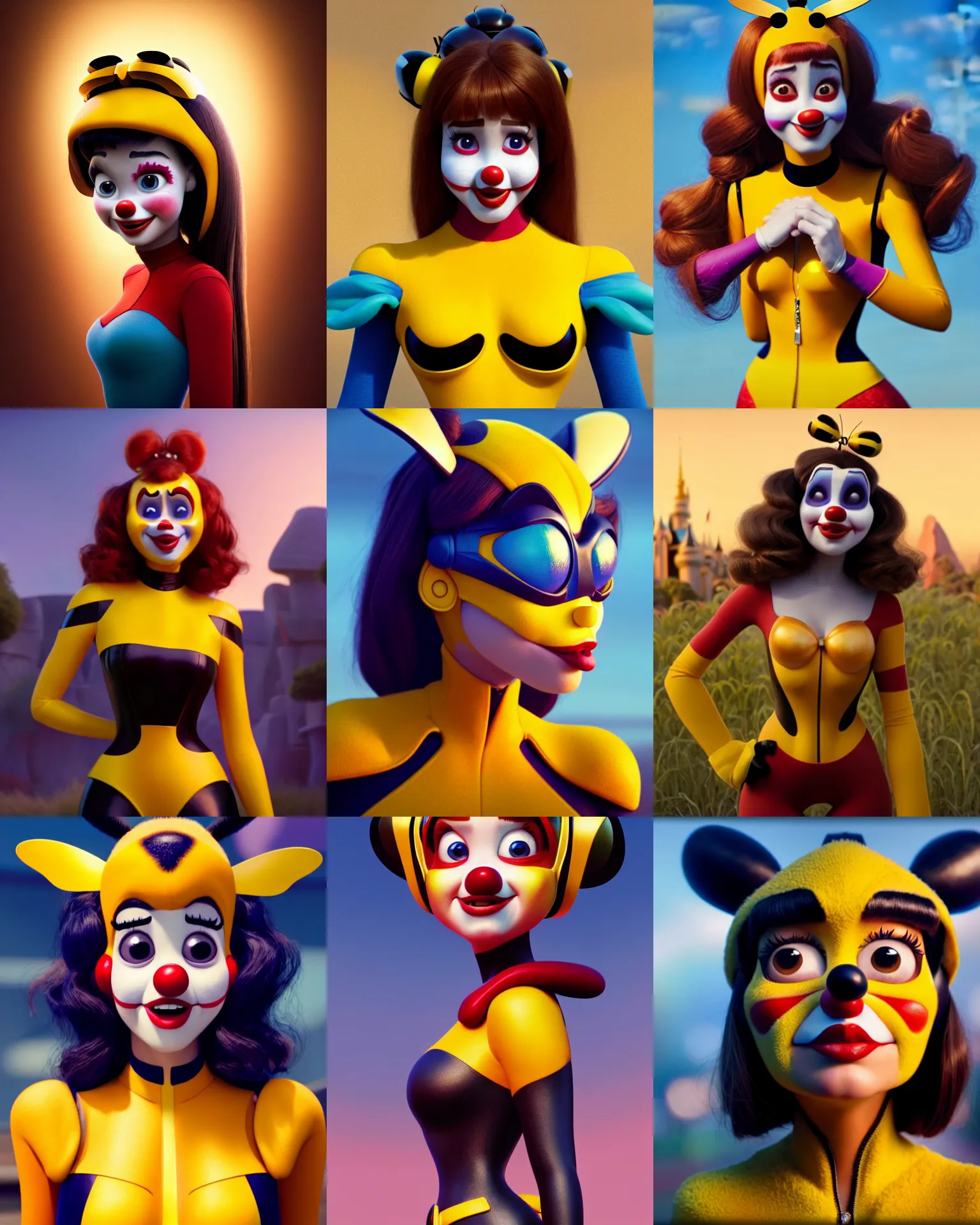 Prompt: disney pixar movie still portrait photo of jessica alba as shy clowncore bumblebee woman : : by weta, disney, greg rutkowski, wlop, ilya kuvshinov, rossdraws, artgerm, annie leibovitz, alphonse mucha, ue 5, trending on artstation, octane, volumetric lighting : :