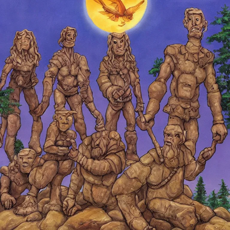 Prompt: a beautiful painting in the style of larry elmore of a stone golem standing center frame with his mystical friends at summer camp