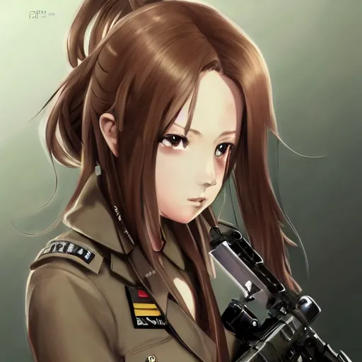 Prompt: soldier girl, concept art, anime style, long hair, hair down, symmetrical facial features, from girls frontline, hyper realistic, pale skin, 4 k, rule of thirds, extreme detail, detailed drawing, trending artstation, hd, fantasy, d & d, realistic lighting, by alphonse mucha, greg rutkowski, sharp focus, backlit, soldier clothing