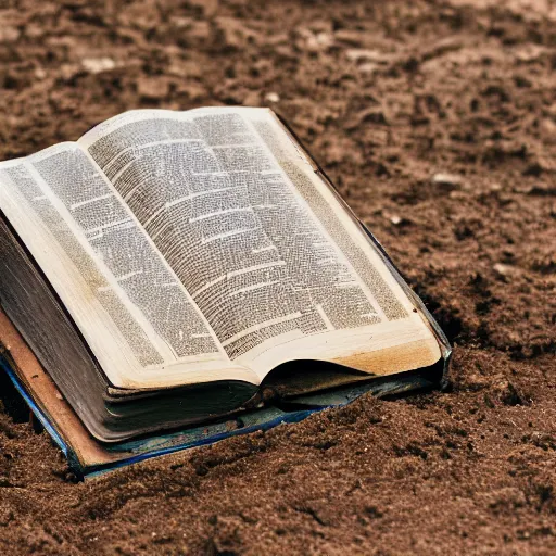 Image similar to a bible half buried and dusty in the ground, seen in a 7 0 mm macro lens