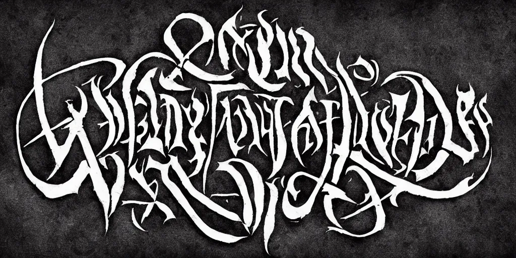 Image similar to masterpiece, black death metal logo calligraphy by thomas bokler, behance, white letters on black background