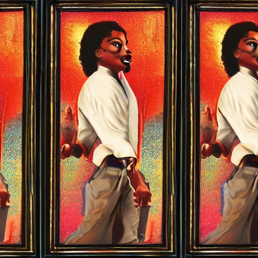 Image similar to holographic triptych depicting the emancipation of michael jackson