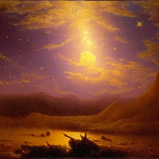 Image similar to night sky with clouds and stars, volumetric, canvas, very detailed, oil painting, canvas, Albert Bierstadt, Theodor Kittelsen