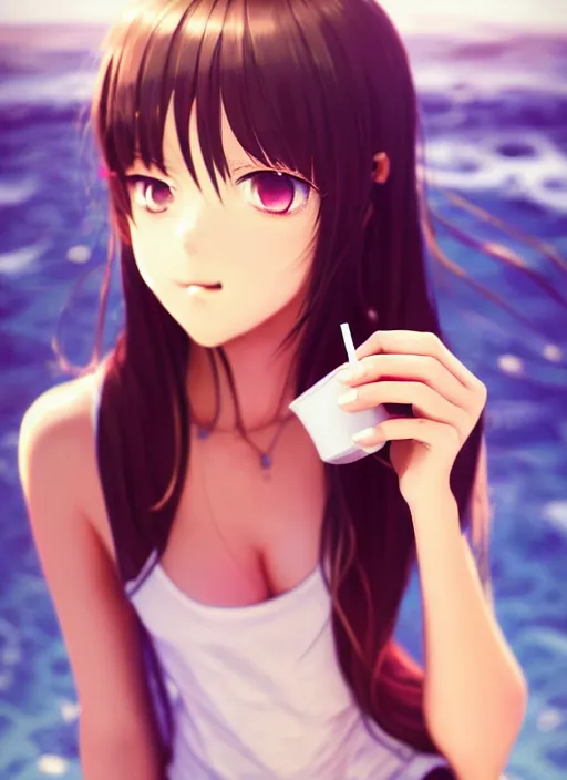 Image similar to full body picture of a extremely beautiful and attractive and cute and aesthetic girl drinking a coke, highly detailed face, very thirsty, dripping on the body, sharp focus, shiny day on the beach, specular reflection, occlusion shadow, trending on artstation, epic light novel cover art, art by ilya kuvshinov and sakimichan and jeremy lipking