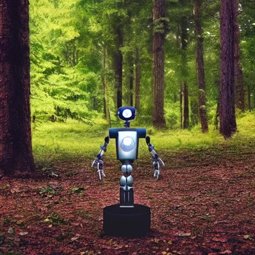 Image similar to a robot lost in the woods, photorealistic