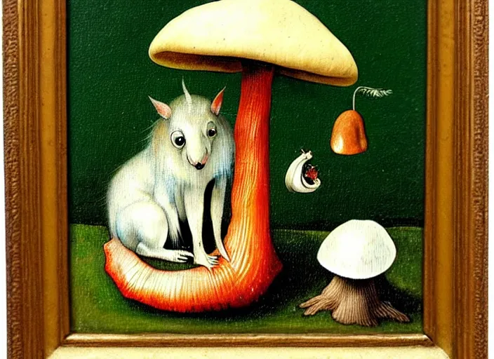 Image similar to a painting of a cute creature sitting next to a mushroom, detailed, realistic, in style of hieronymus bosch