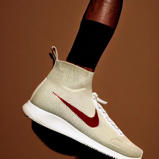 Image similar to a studio photoshoot of Nike sneakers designed by Tom Sachs, knitted material, gum rubber outsole, realistic, color film photography by Tlyer Mitchell, 35 mm, graflex