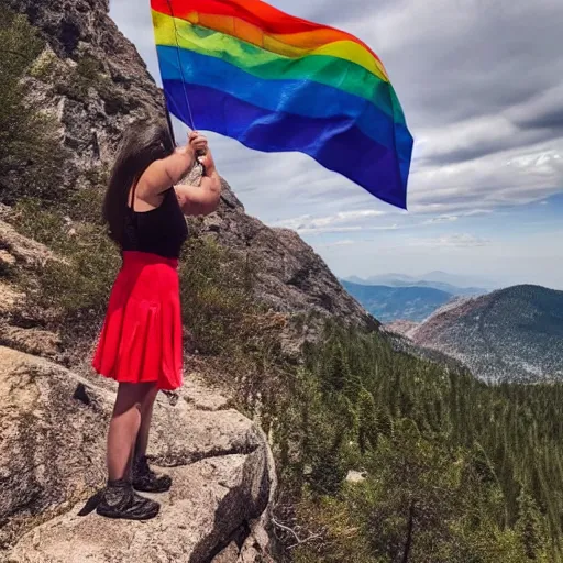 Prompt: A woman at a mountain holding the transgender pride flag