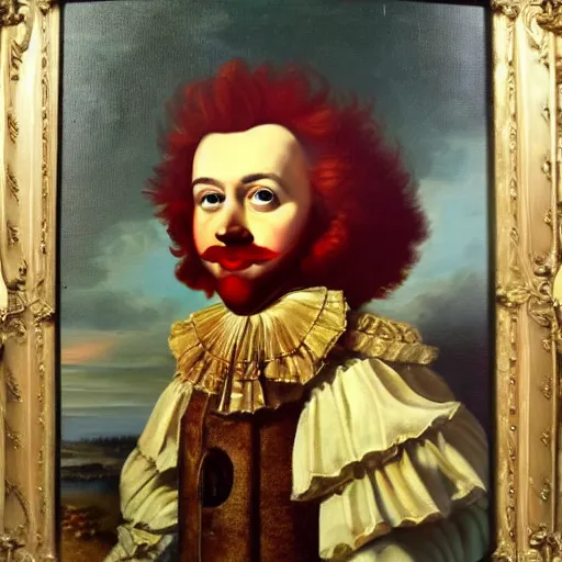 Image similar to oil painting of 1 7 th century king ronald mcdonald with shifty eyes