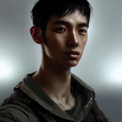 Image similar to Portrait of a man by Greg Rutkowski, he is about 20 years old, japanese, short black hair with bangs, young, manly, attractive, slim, he is wearing futuristic military fatigues, highly detailed portrait, scifi, digital painting, artstation, concept art, smooth, sharp foccus ilustration, Artstation HQ