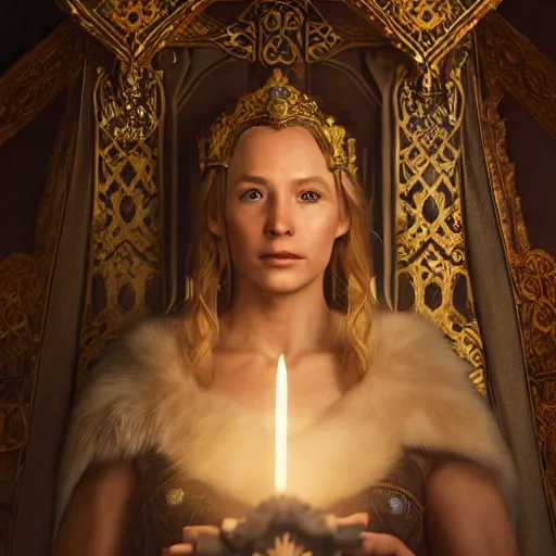 Image similar to the elder scrolls vi, charismatic regal blonde female jarl, portrait, exquisitely designed throne room, atmospheric lighting, painted, intricate, volumetric lighting, beautiful, daytime, slightly sunny weather, sharp focus, deep colours, ultra detailed, by leesha hannigan, ross tran, thierry doizon, kai carpenter, ignacio fernandez rios