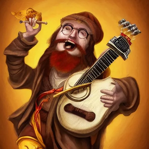 Prompt: anthropomorphic nymphicus hollandicus bard, yellow robe, playing a mandolin, digital art, d & d, character art, trending on artstation