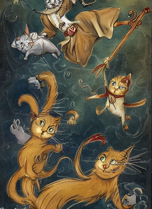 Image similar to Flying cats and a wizard with a staff, high elaboration of details, style of image of fentesi