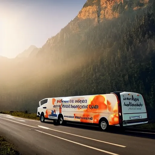 Image similar to very creative livery on big commercial bus on misty highway scene, the sun shining through the moutains