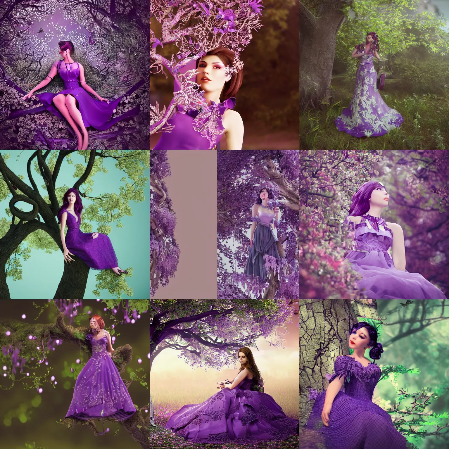Prompt: pretty lady in purple dress sitting in a tree, beautiful detailed intricate insanely detailed octane render