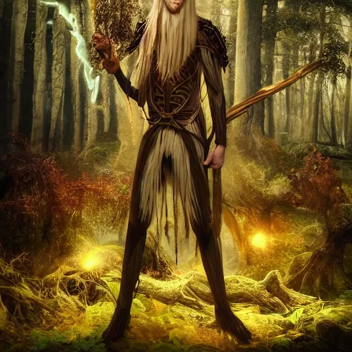 Image similar to A tall slim male wood elf fungus druid posing in a mystical forest, long blonde hair, fungi, glowing, wooden armor, magical, fantasy, medieval, highly detailed, dynamic lighting, cinematic, dramatic, sharp focus, focus on face, masterpiece, trending on artstation, concept art, digital painting