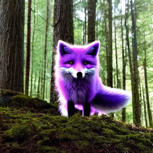 Image similar to a purple fox with a long fluffy and shiny coat sits in the forest on a ufo flying saucer. super realistic photo. clear details