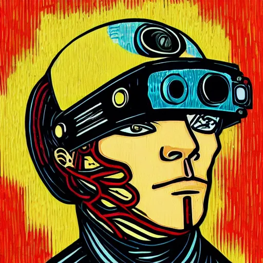 Image similar to Illustrated by Shepard Fairey and Greg Rutkpwski | 'Cyberpunk Van Gogh with VR helmet, surrounded by cables'