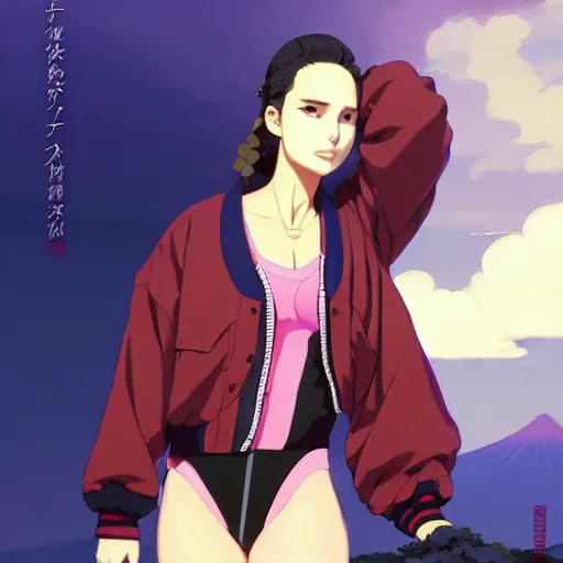 Image similar to a beautiful plus sized model japanese natalie portman, alluring, wearing oversized mayan bomber jacket and leotard with overalls, bulky poofy bomber jacket with mayan patterns, aztec street fashion, gapmoe yandere grimdark, trending on pixiv fanbox, painted by greg rutkowski makoto shinkai takashi takeuchi studio ghibli, akihiko yoshida