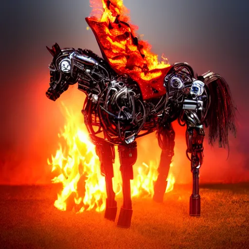 Prompt: robotic cyborg horse with cowboy hat and fiery mane, post-apocalyptic burning background, portrait