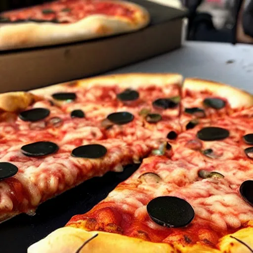 Image similar to a close up shot of a new york style pizza with a big black fly laying on top, extremely realistic, very crisp details, photo realistic, trending on instagram, soft colors