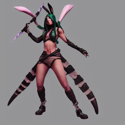 Image similar to character sheet of battle bunny akali (League of Legends). 3d render, octane render, iRay, ray tracing, realistic, highly detailed, trending on artstation, 4k, cgsociety, unreal engine 5, redshift render, blender cycles, behance, cg