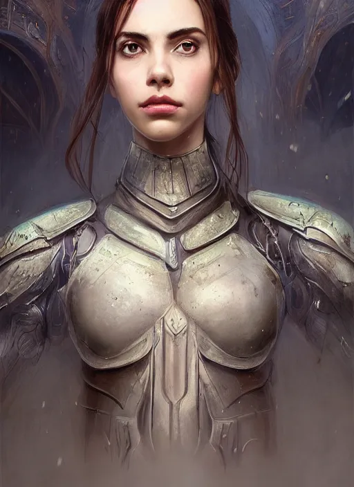 Image similar to a professional portrait of a beautiful young female, clothed in ethereal battle armor, olive skin, long dark hair, beautiful bone structure, symmetrical facial features, intricate, elegant, digital painting, concept art, smooth, sharp focus, finely detailed, illustration, from Valerian and the City of a Thousand Planets, in the style of Ruan Jia and Mandy Jurgens and Artgerm and Greg Rutkowski and William-Adolphe Bouguerea