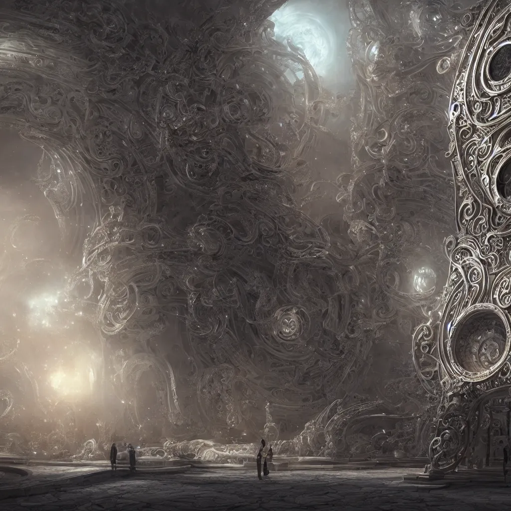 Image similar to time machine, silver mechanical fantasy, intricate, elegant, highly detailed, digital painting, concept art, smooth, sharp focus, illustration, divine realm of gods, realistic cinematic style, filmed in 70mm, volumetric lighting, octane render, photographic, concept art, artist Leonardo DaVinci, unreal engine 8k