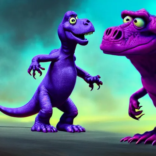 barney the dinosaur, sci - fi, gritty distopian, pixar | Stable Diffusion