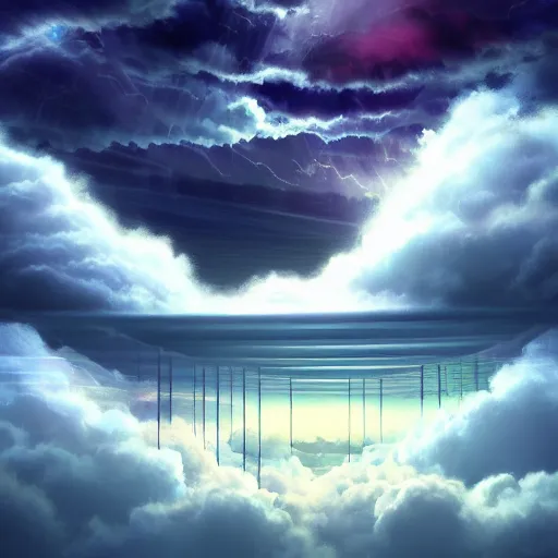 Image similar to this is a beautiful surreal scenery artwork from pixiv. it includes gigantic living inside network of cloud computing material, cloud buildings with internal computer infinites. god lighting, rays, sublimely cold color palette. insanely detailed, artstation!! pixiv!! infinitely detailed