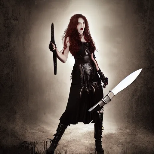 Image similar to long shot photo of a female vampire warrior with weapons