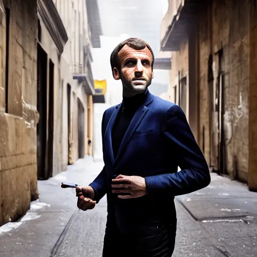 Image similar to closeup portrait of emmanuel macron as a thief in a smoky new york back street, natural light, sharp, detailed face, magazine, press, photo, steve mccurry, david lazar, canon, nikon, focus