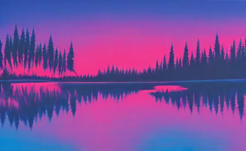 Image similar to beauti ful award winning synthwave painting of a canadian lake, extreme detail, 4 k, ultra hd
