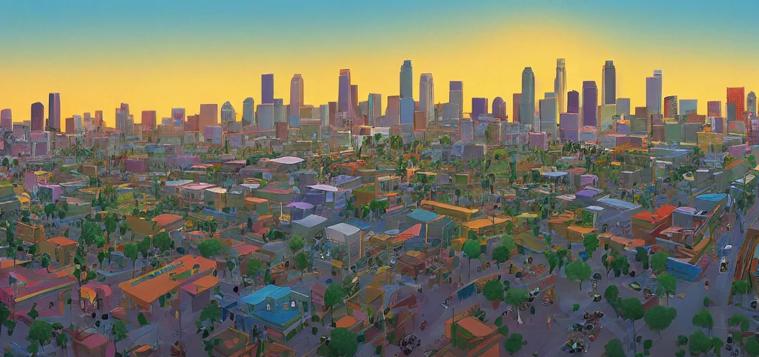 Image similar to visual development los angeles skyline cityscape, by lou romano, pixar disney